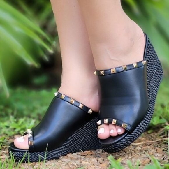 Black Rockstud Rope Espadrilles Wedges Sandals‎ - Picture 1 of 6